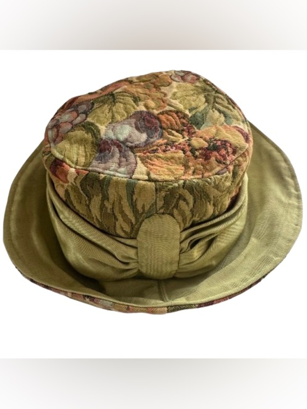 Vintage Ruth 1994 Floral Fruits Tapestry Hat Green Tea Party NY NOLA